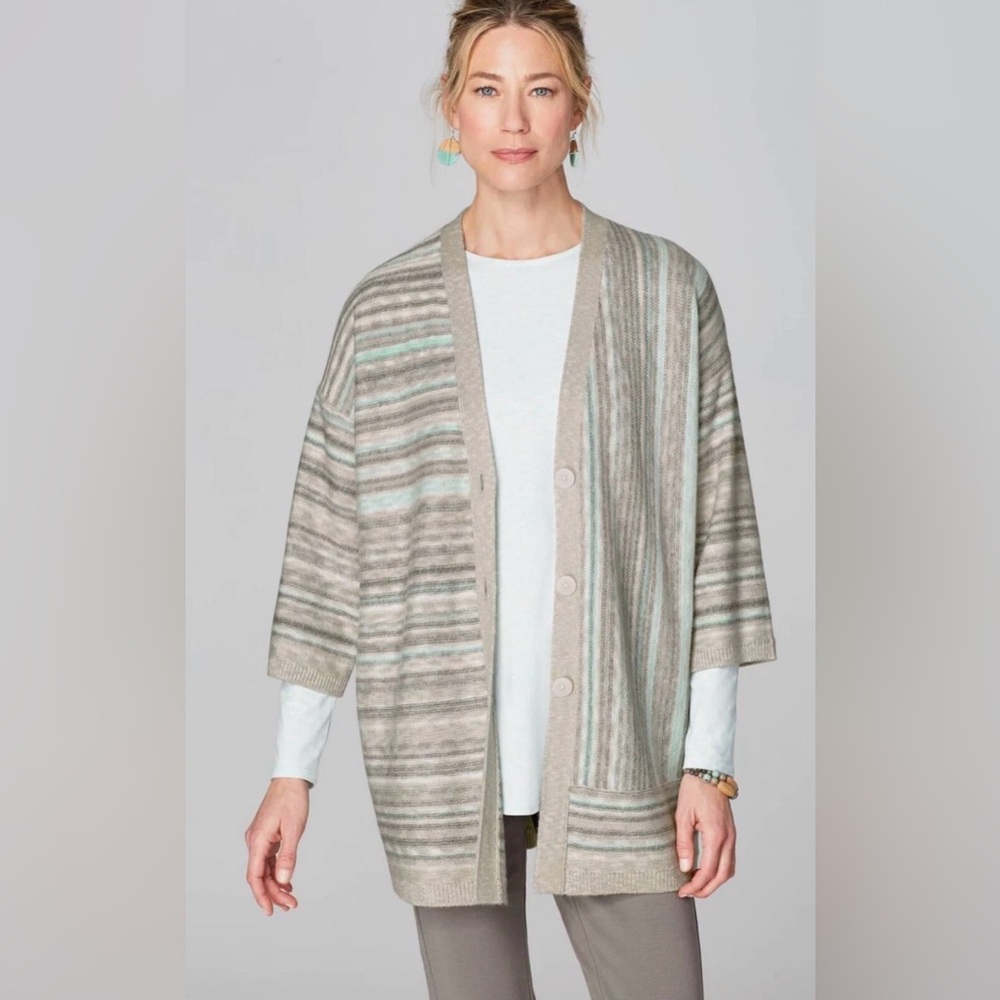 Linen-like J Jill cardigan. Muted blue/grey/tan tones. Size Small. EUC. - Picture 1 of 8